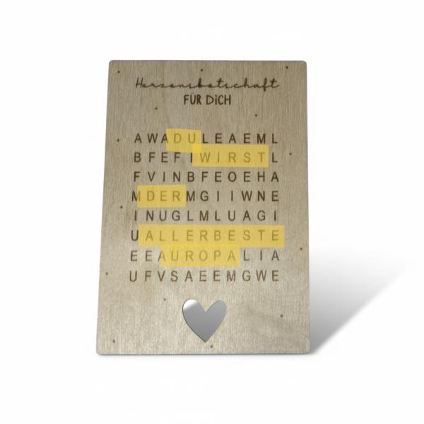 Rätselkarte aus Birkenholz mit Schriftzug „Herzensbotschaft für Dich“ zur Schwangerschaftsverkündung